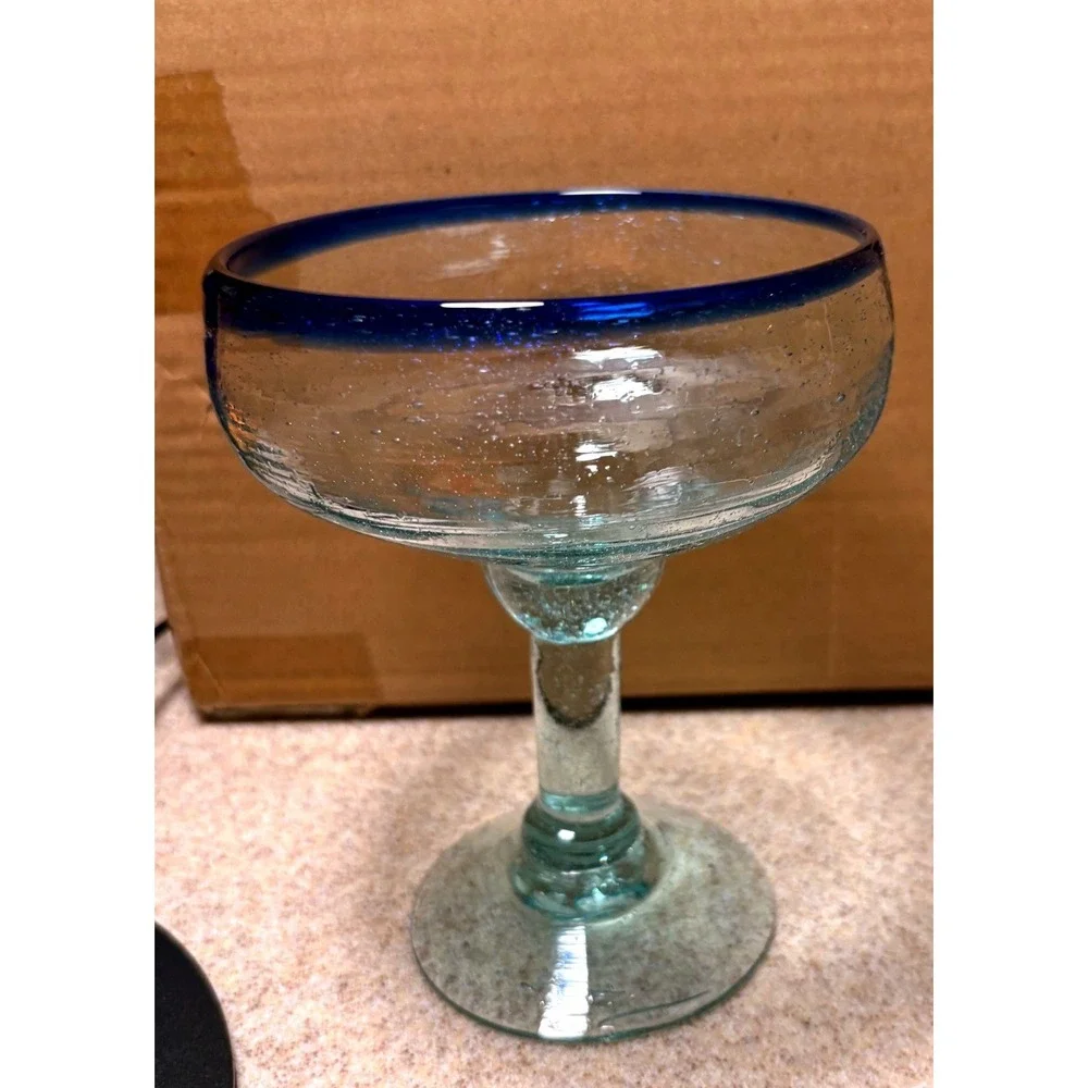 Margarita Glass Clear Blue Good Hand Blown Cobalt Rim
